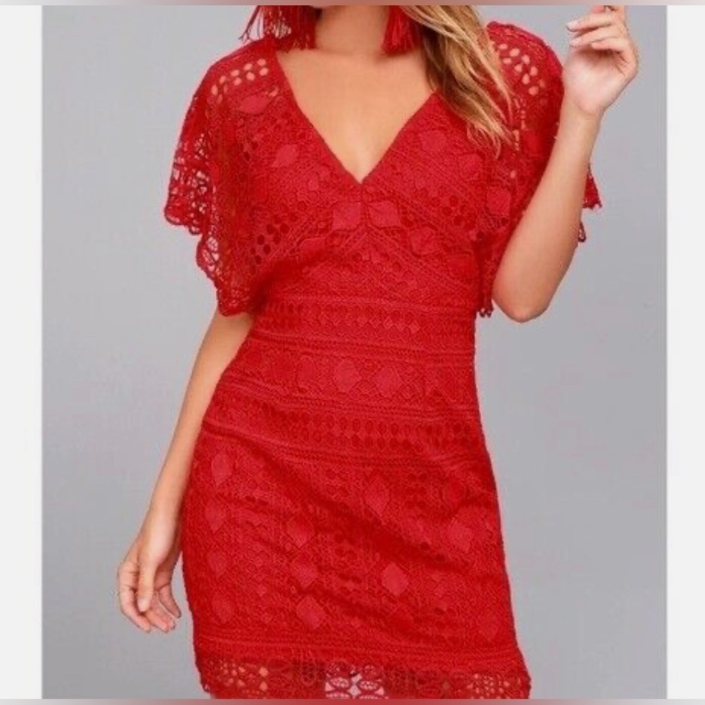 Lulu's Red Crochet Lace V-Neck Mini Dress